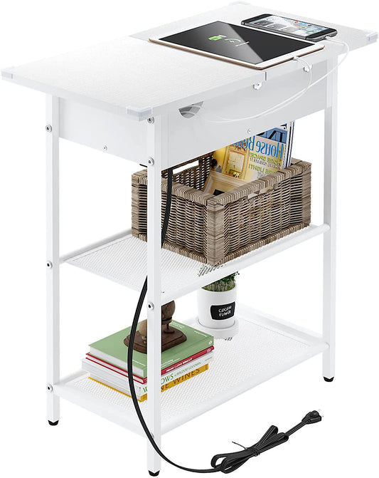 Sofa Side Table with USB Ports and Outlets, Narrow End Table with Storage Shelf for Small Spaces Bedside Nightstand with Charging Station for Living Room, Bedroom White
