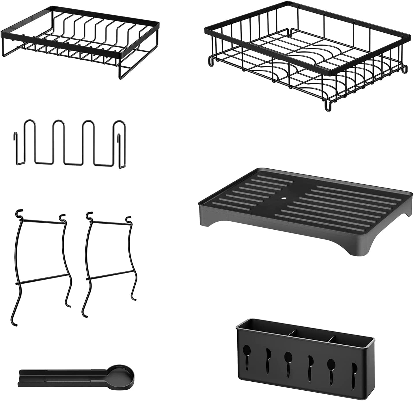 2 Tier Dish Drying Rack for Kitchen Counter, Black Metal Dish Drainers Rack with Drainboard, Large Dish Dryer with Detachable Cup Rack and Utensil Holder