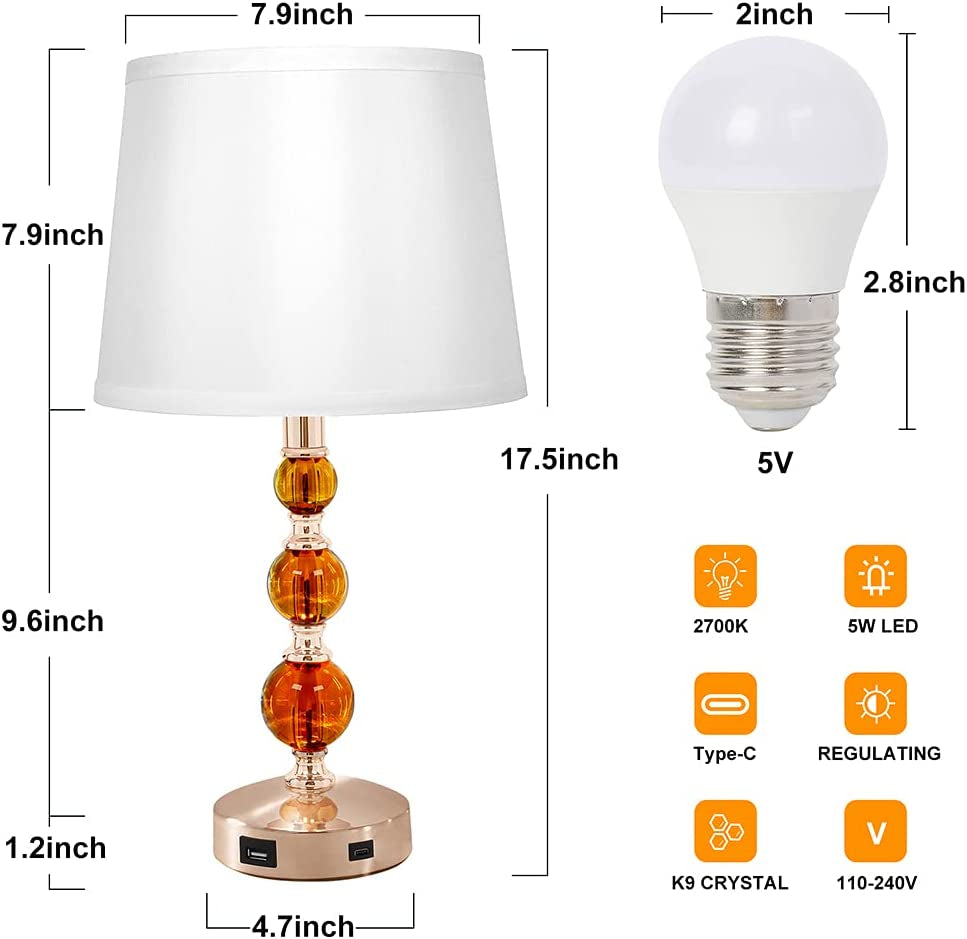 USB Bedside Crystal Lamp, 3-Way Dimmable Touch Nightstand Lamp with USB Charging Port, Orange Table Lamp Decorative Lamp Gold for Bedroom, Living Room, Set of 2( LED Bulb Included)