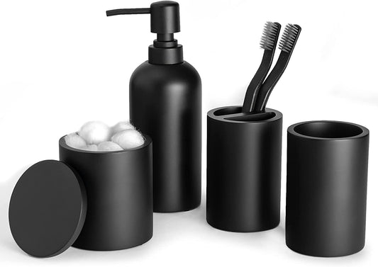 Bathroom Accessories Matte Black Set of 4, Bathroom Organization, Bathroom Accessory Set - Soap Dispenser, Bathroom Jars, Toothbrush Cup, Brush Holder, Made of Resin, Modern Home Decor