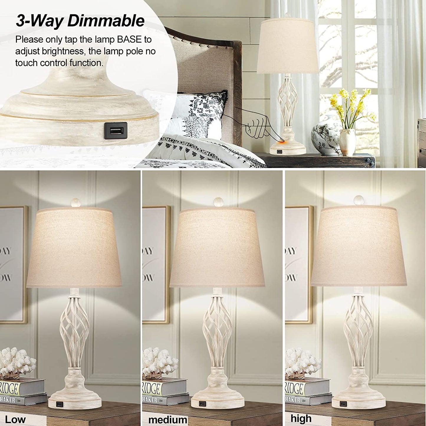 Table Lamps Bedside Lamp Set of 2,  Traditional Rustic Farmhouse Touch Lamps 3-Way Dimmable Retro Nightstand Lamps with USB Port Ivory Spiral Cage Design Base Drum Shade for Bedroom