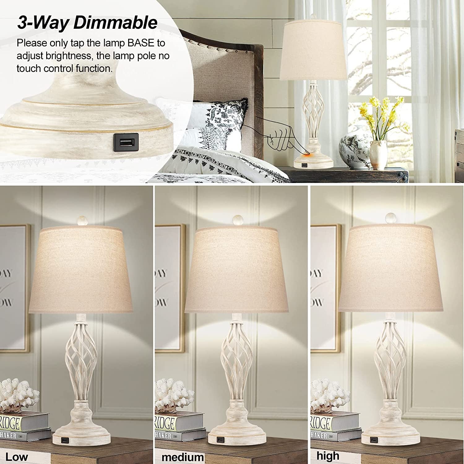 Table Lamps Bedside Lamp Set of 2,  Traditional Rustic Farmhouse Touch Lamps 3-Way Dimmable Retro Nightstand Lamps with USB Port Ivory Spiral Cage Design Base Drum Shade for Bedroom