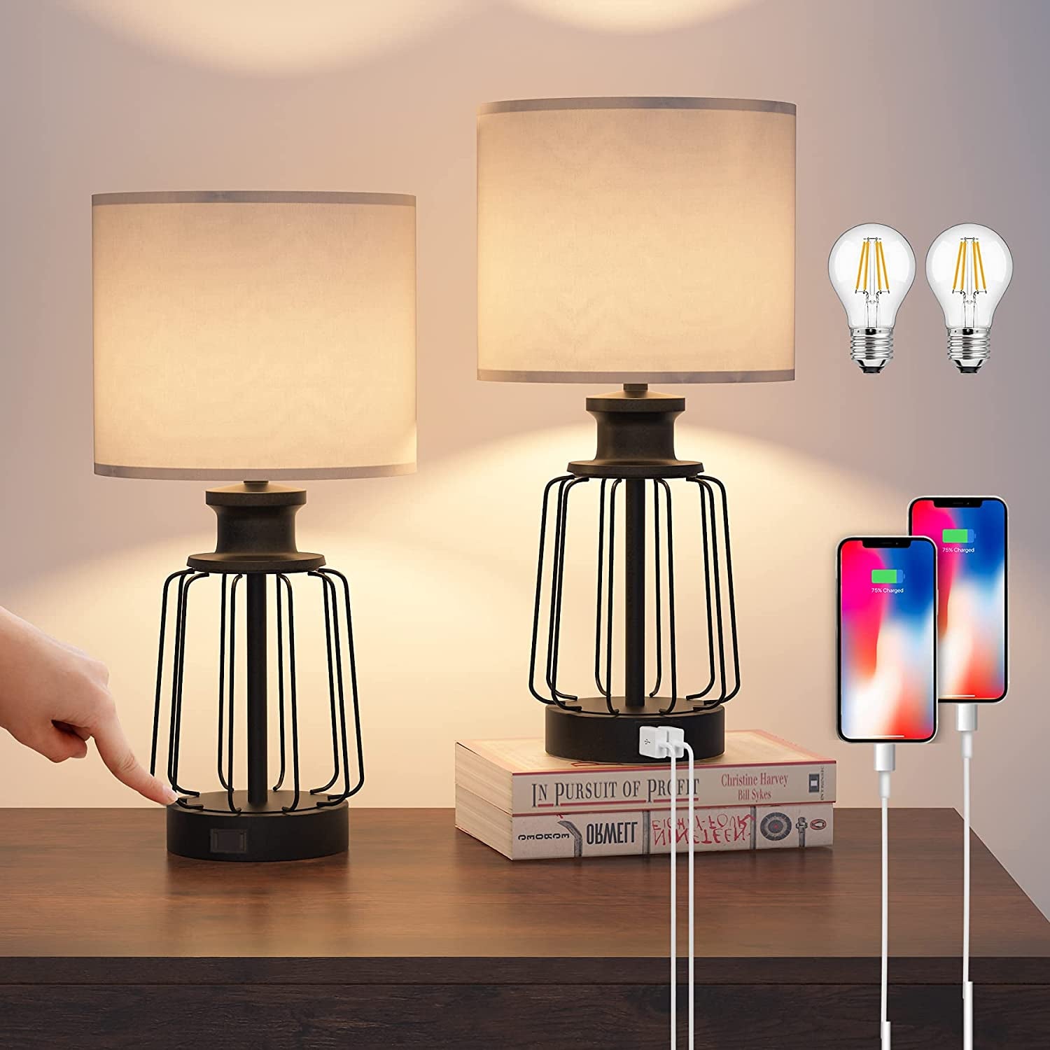 Touch Control Table Lamp Set of 2, Farmhouse Black Cage Bedside Lamps with 2 USB Ports and Outlets,3-Way Dimmable Nightstand Lamps for Reading, Bedroom, Living Room(Bulbs Included)