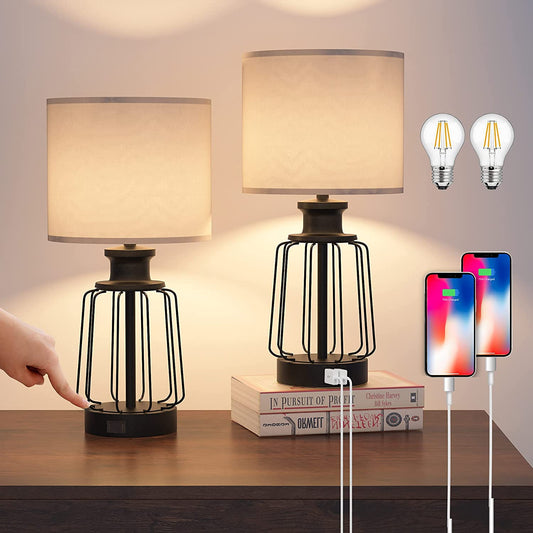Touch Control Table Lamp Set of 2, Farmhouse Black Cage Bedside Lamps with 2 USB Ports and Outlets,3-Way Dimmable Nightstand Lamps for Reading, Bedroom, Living Room(Bulbs Included)