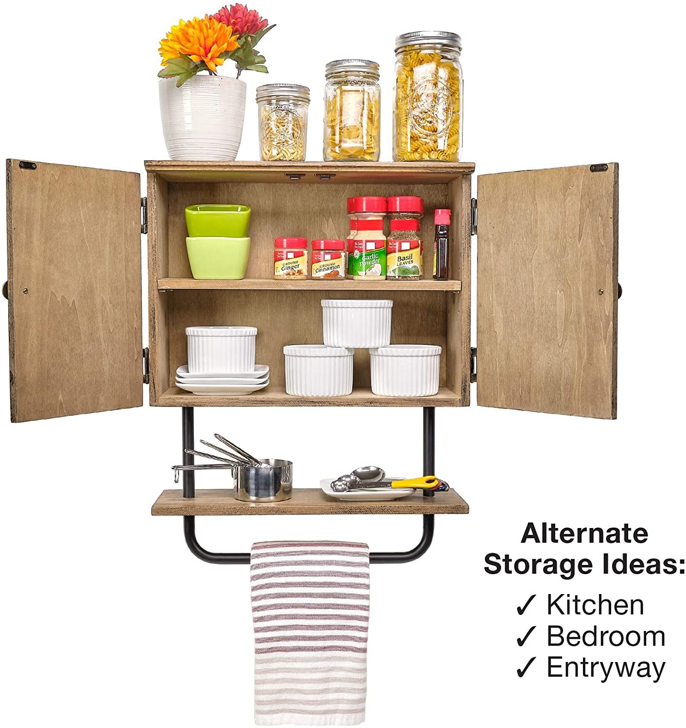 17X21'' Barndoor Bathroom Wall Cabinet, Space Saver Storage Cabinet Kitchen Medicine Cabinet with Adjustable Shelf and Towel Bar, Brown