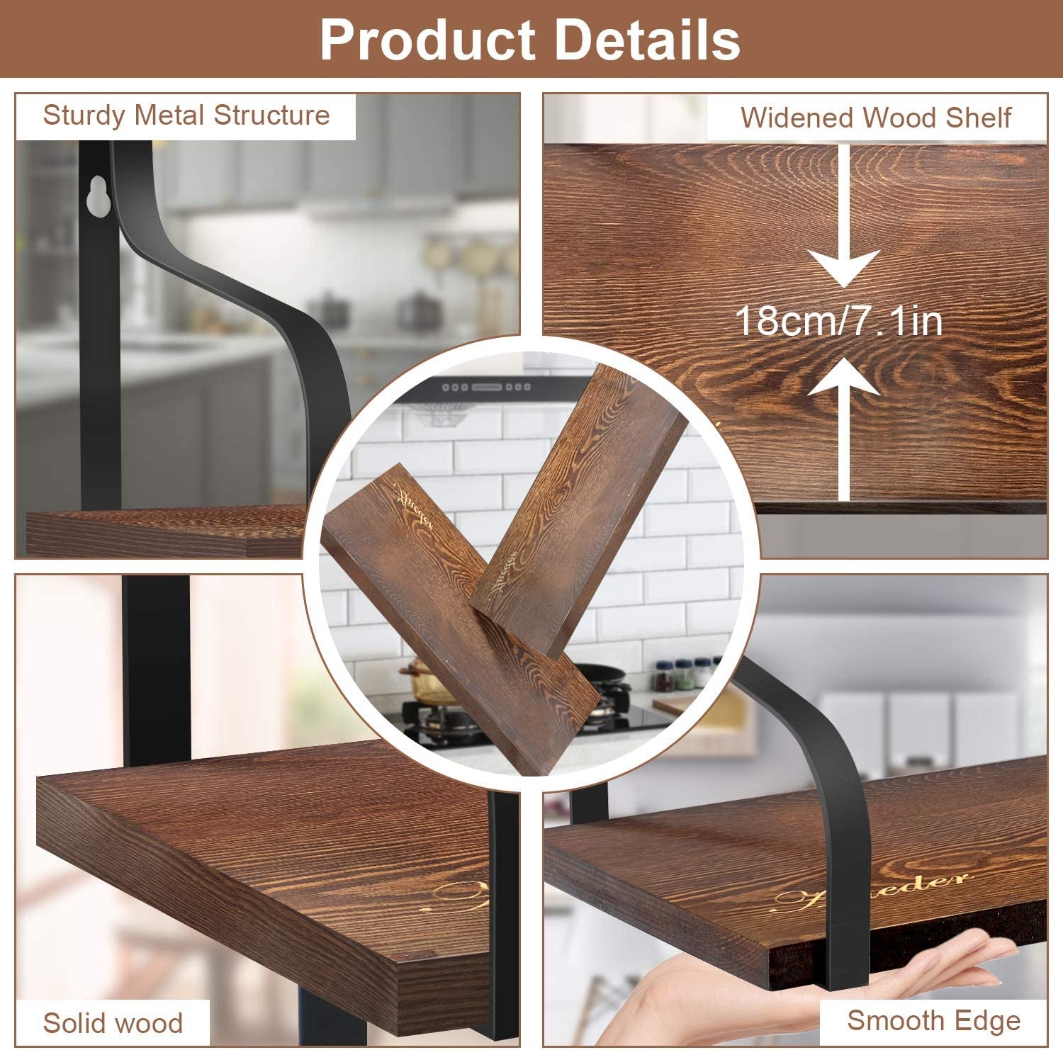 Wall Shelves for Kitchen Storage, Floating Shelves with Towel Bar & 8Pcs Removebal Hooks Floating Shelf for Wall Bathroom Bedroom Living Room Kitchen