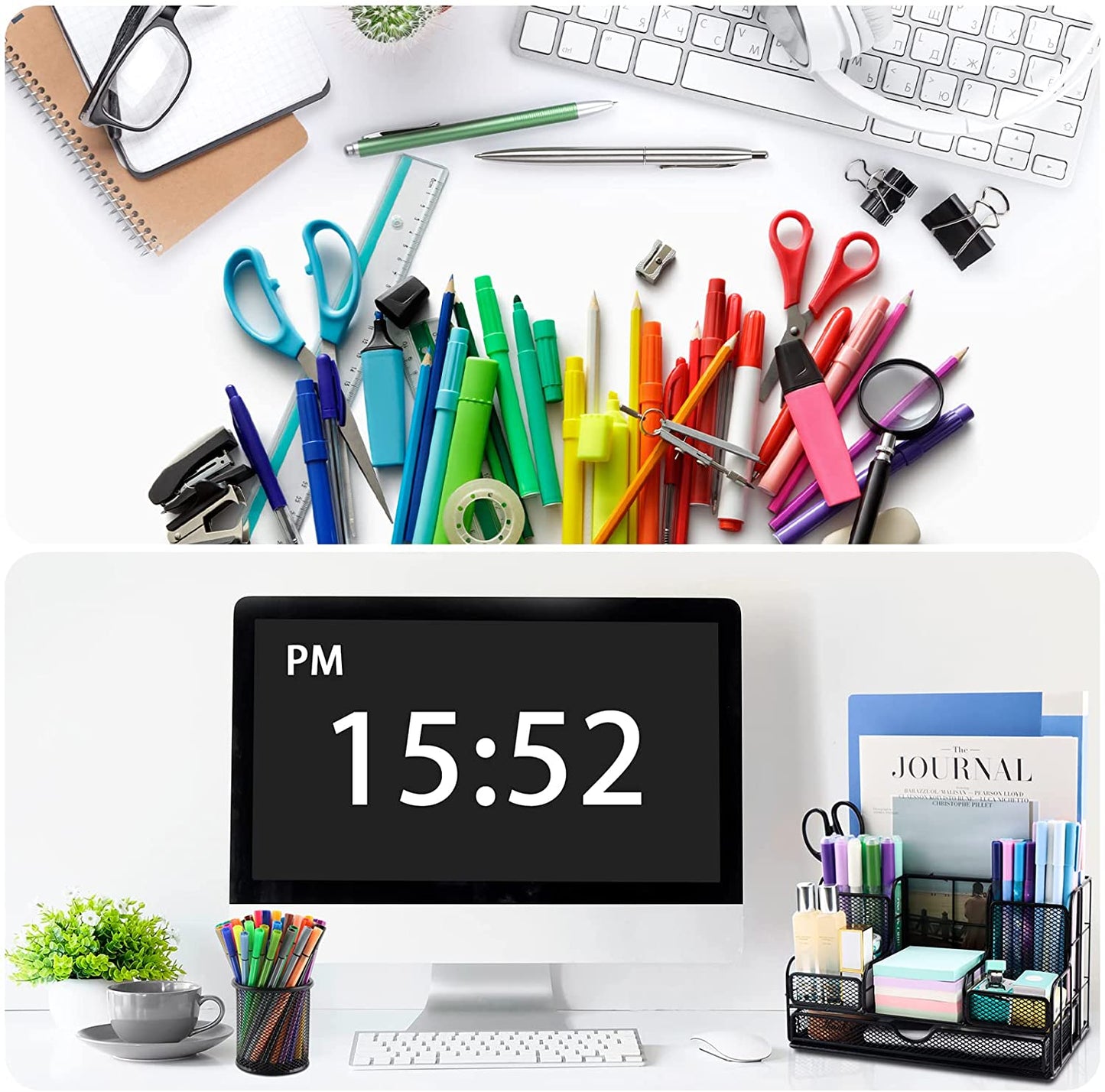 Desk Organizers and Accessories, Office Supplies Desk Organizer Caddy with 7 Compartments + Pen Holder / 72 Clips Set, Mesh Desk Organizer with Drawer, Black Desktop Organizer for Home, Office Ect