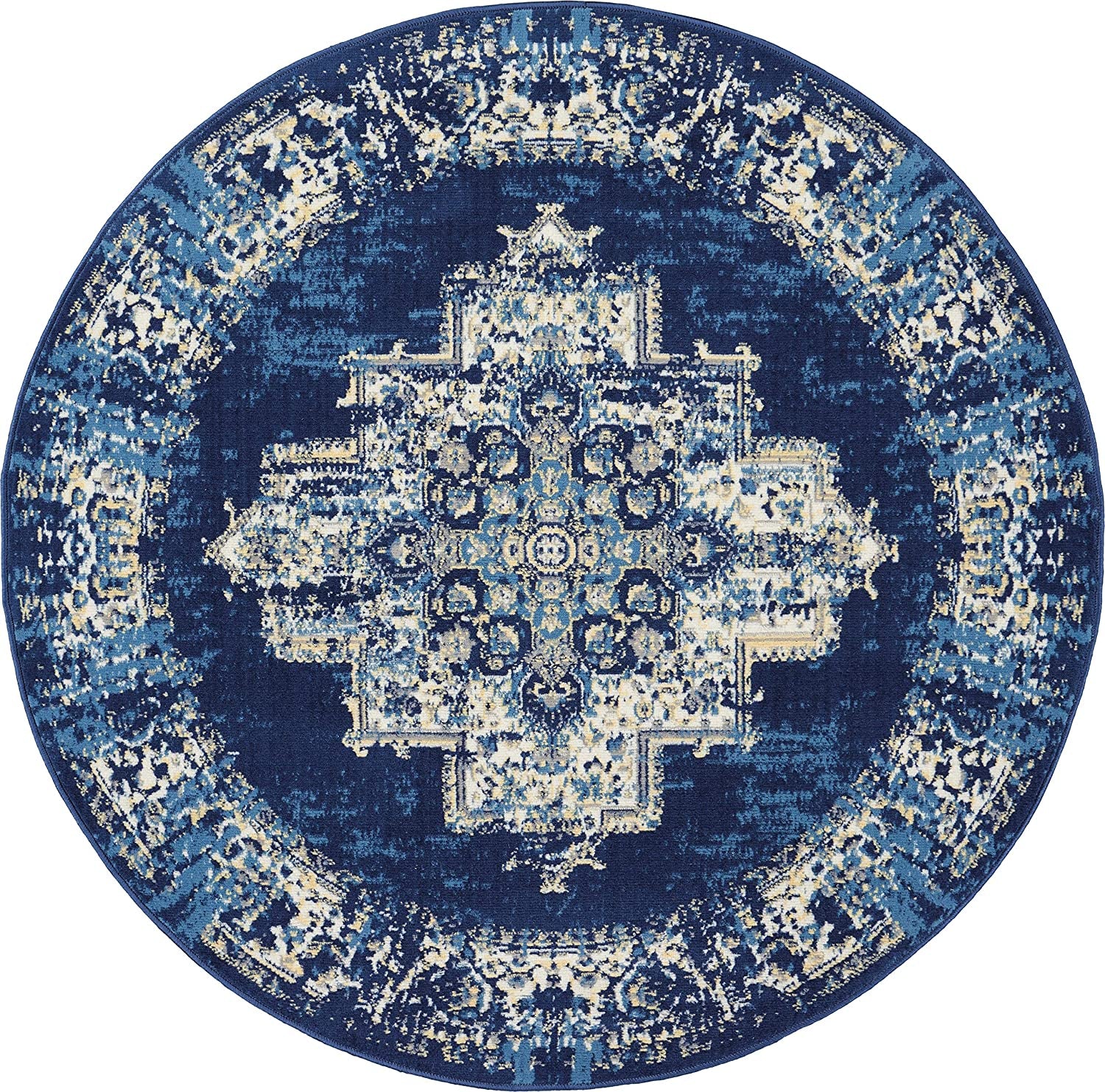 Grafix Persian Navy Blue 5'3" X round Area Rug, Easy Cleaning, Non Shedding, Bed Room, Living Room, Dining Room, Kitchen (5 Round)