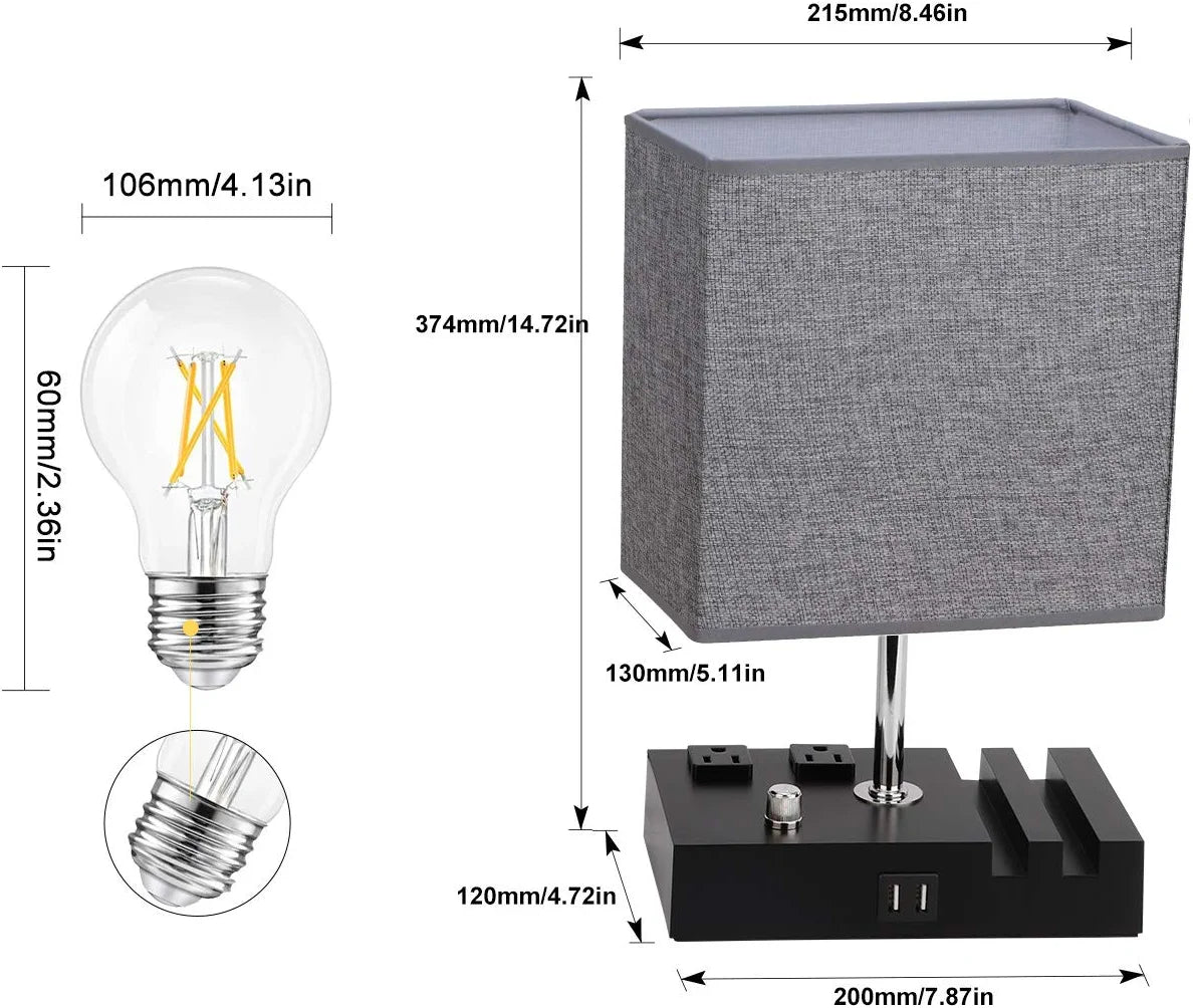 Fully Dimmable Table Lamp for Bedroom Living Room Dual USB Port -  Bedside Desk Lamp for Nightstand with Charging Station 2 Power Outlets, Grey Fabric Lampshade LED Bulb Included (Black/Grey)