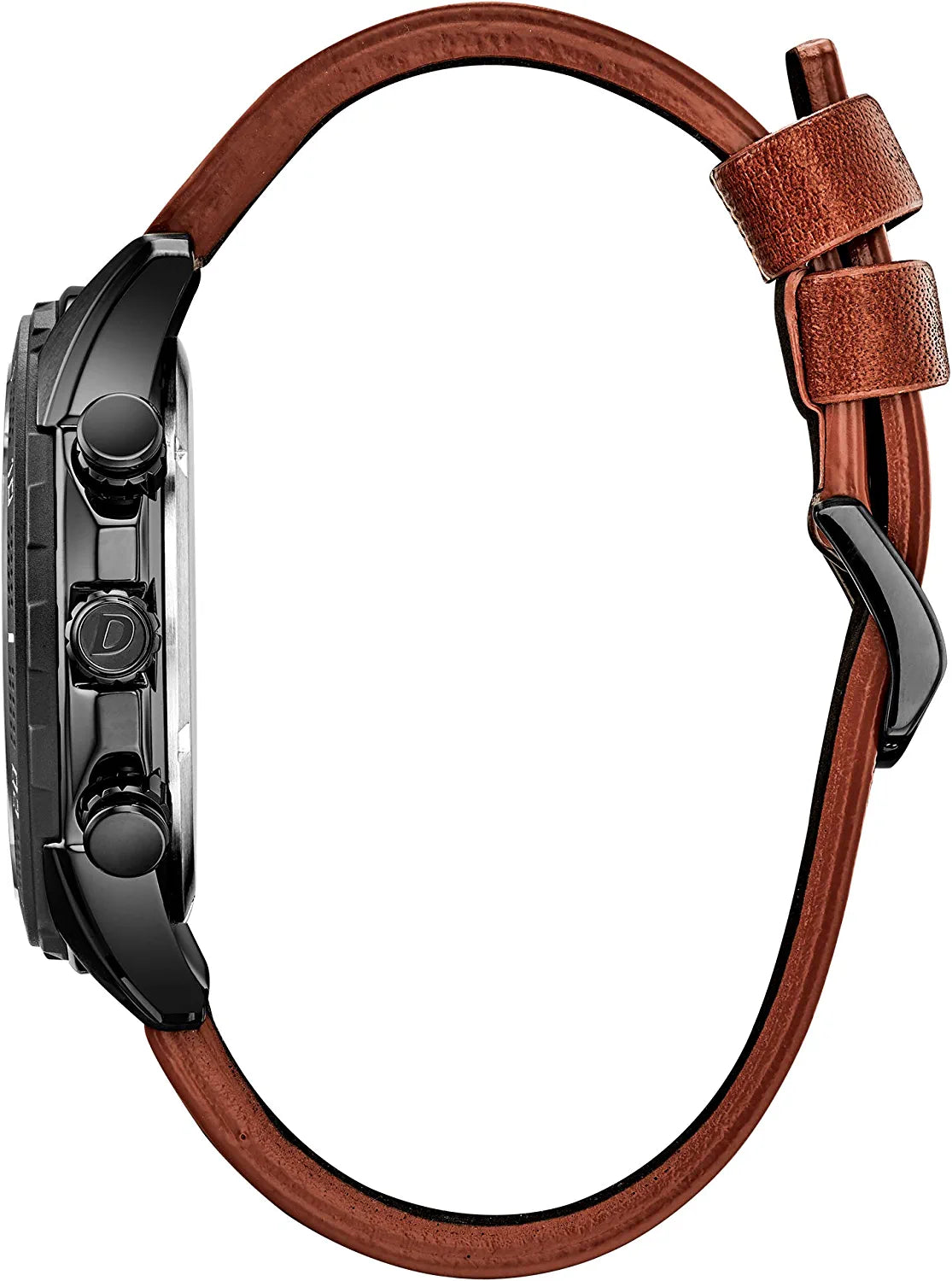 Men'S Eco-Drive Weekender Chronograph Watch in Black IP Stainless Steel with Brown Leather Strap, Black Dial (Model: AT2447-01E)