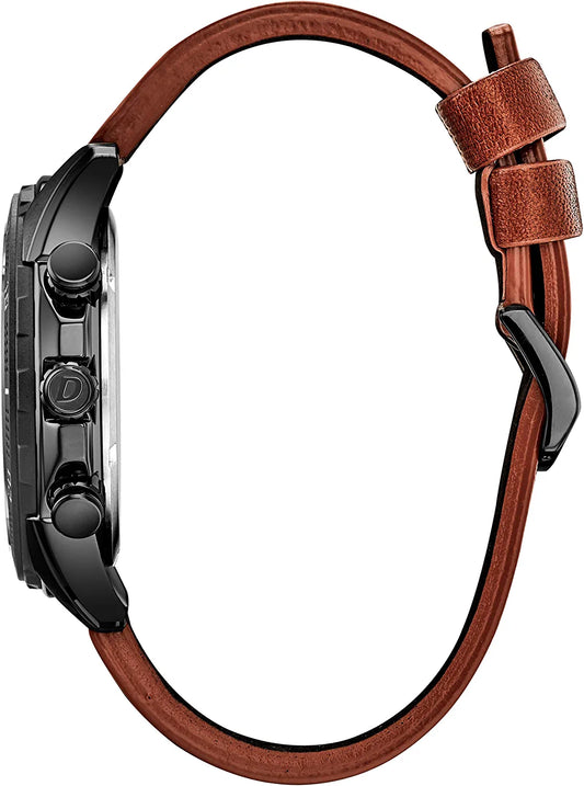 Men'S Eco-Drive Weekender Chronograph Watch in Black IP Stainless Steel with Brown Leather Strap, Black Dial (Model: AT2447-01E)