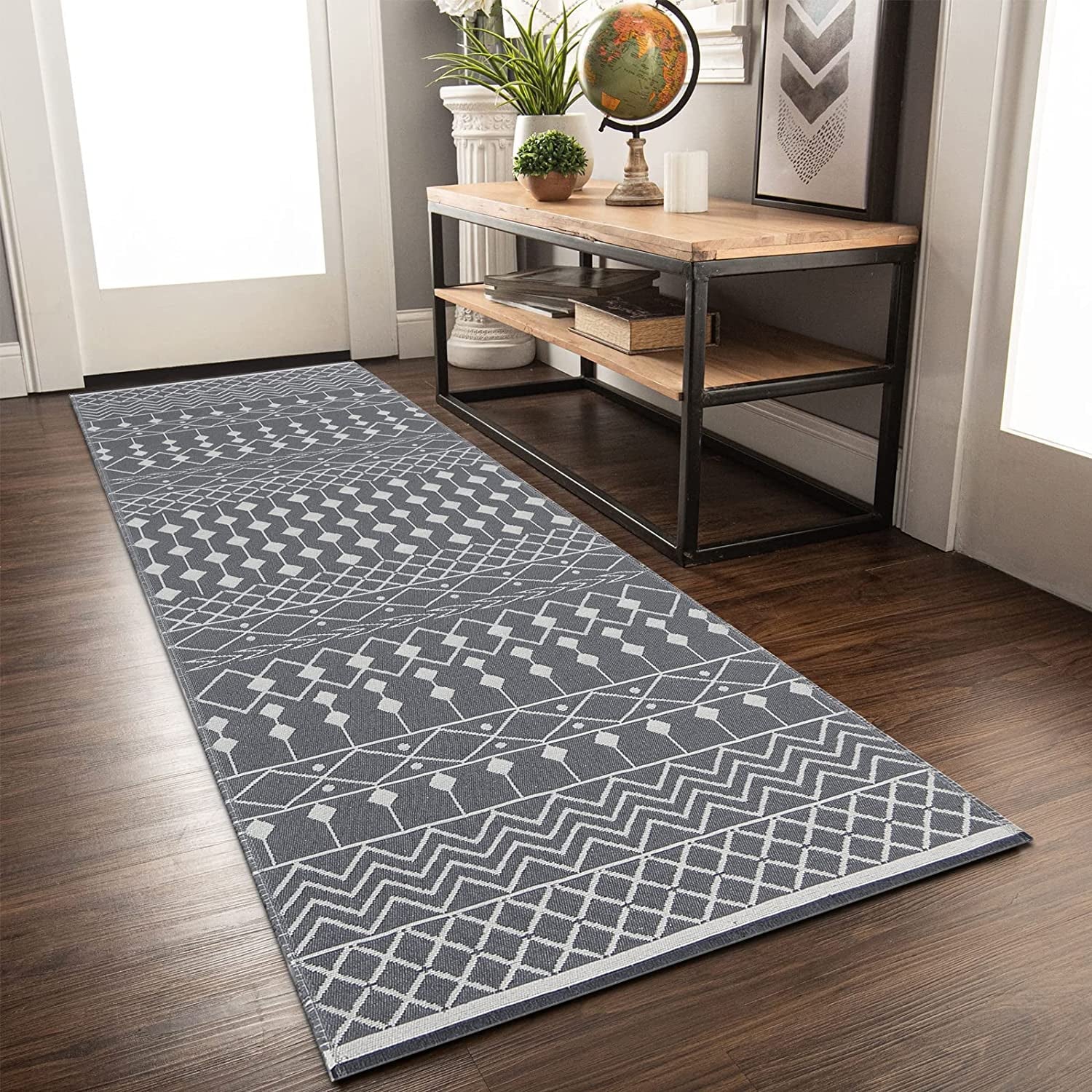 Extra Long Boho Runner Rug 2' X 6', Reversible Cotton Moroccan Throw Rug Bathroom Runner, Washable Hand Woven Hallway Runner Rug, Farmhouse Runner for Entryway, Bedroom and Kitchen, Grey