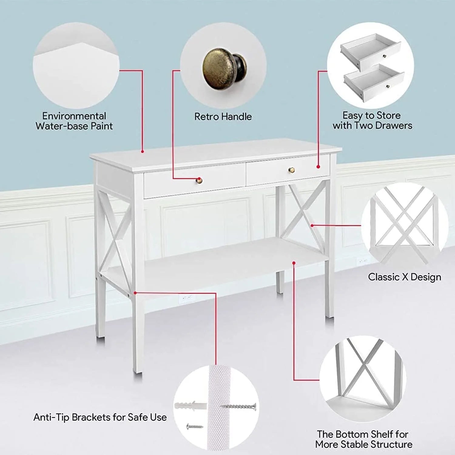 Oxford Console Table with 2 Drawers, Sofa Table Narrow for Entryway, White