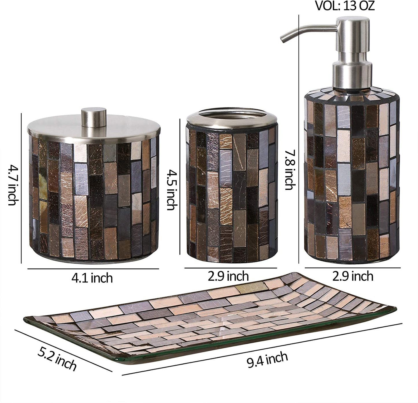 Decorative Glass Bathroom 4-Pcs Accessory Set | Soap Dispenser, Toothbrush Holder, Cotton Jar, Vanity Tray (Black/Gold)
