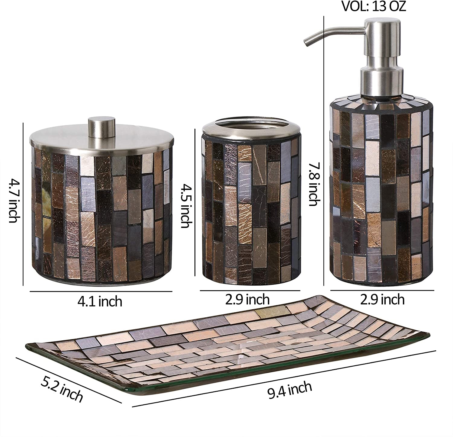 Decorative Glass Bathroom 4-Pcs Accessory Set | Soap Dispenser, Toothbrush Holder, Cotton Jar, Vanity Tray (Black/Gold)