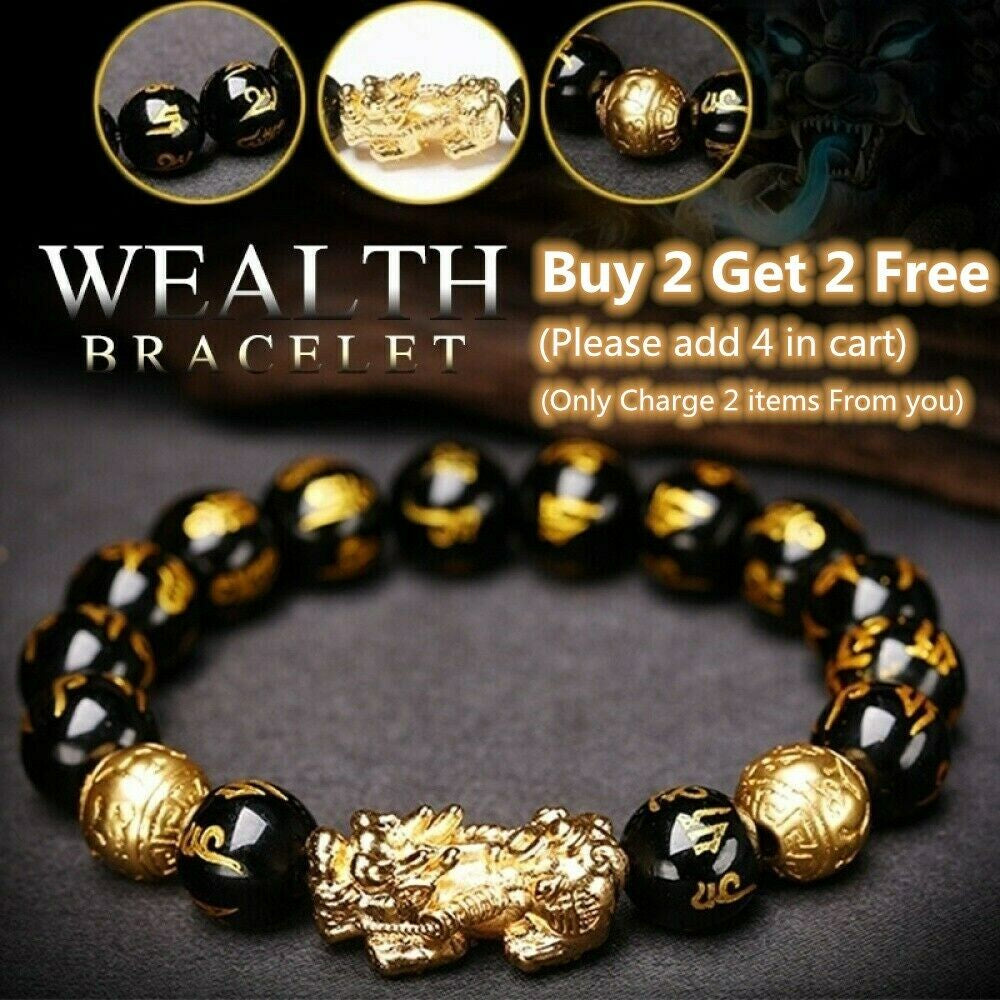 Feng Shui Black Obsidian Beads Bracelet Attract Wealth & Good Luck Bangle Pixiu
