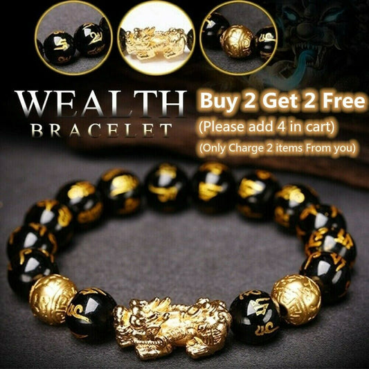 Feng Shui Black Obsidian Beads Bracelet Attract Wealth & Good Luck Bangle Pixiu