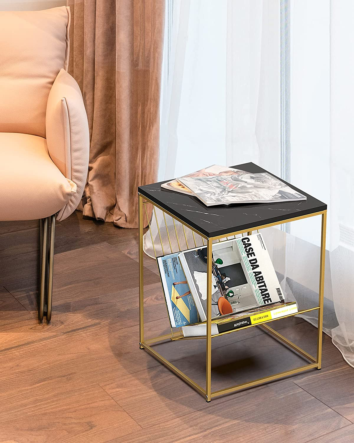 Modern Side End Tables with Faux Marble Top, Small Accent Coffee Table for Living Room Bedroom Balcony Family Nightstand (Black)
