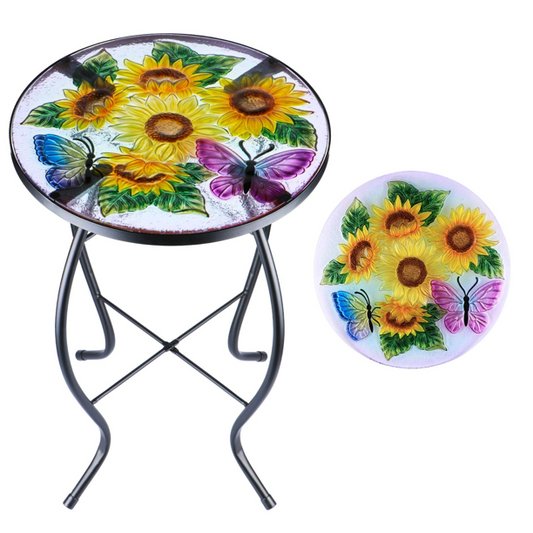 Mosaic Side Table Outdoor for Patio, Indoor Accent Table Coffee Table for Bistro, Plant End Table Small, Sunflower Round Glass Plant Table Stands