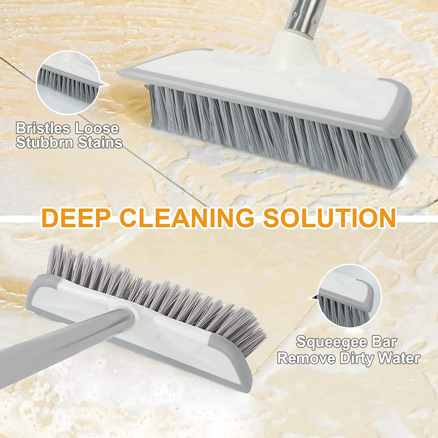 Floor Scrub Brush with Long Handle - 50'' Stiff Brush, 2 in 1 Scrape and Brush, Multi-Use Aqua Bathtub Scrubber and Floor Squeegee Set for Cleaning Bathroom, Patio, Kitchen, Deck and Window