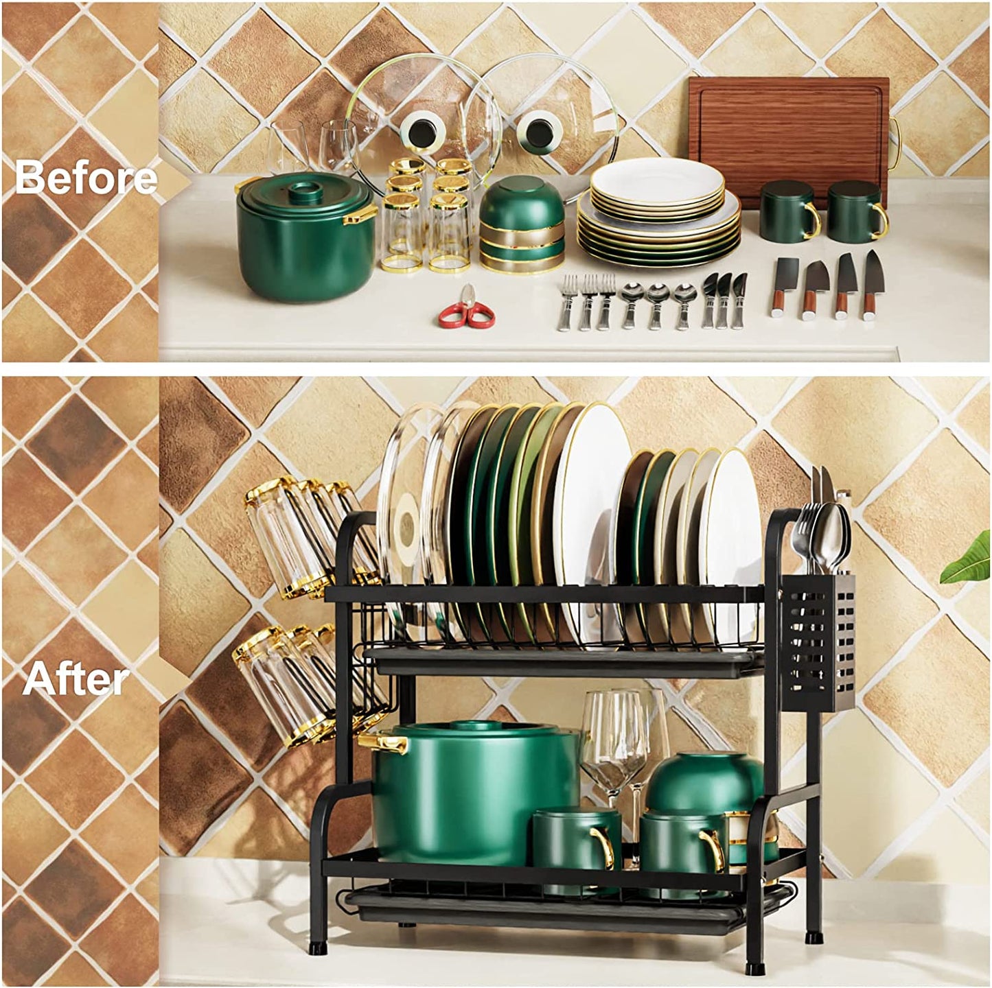 Dish Drying Rack for Kitchen Counter 2 Tier Dish Rack with Cup Holder, Dish Drainer with Drainboard and Utensil Holder Large Capacity for Small Kitchen Countertop Saving Space