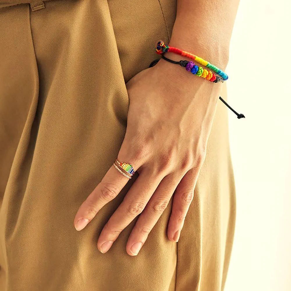 Rainbow Ring Double Band, Adjustable Wide Band Stacking Rainbow Rings for Women, Adjustable Opening