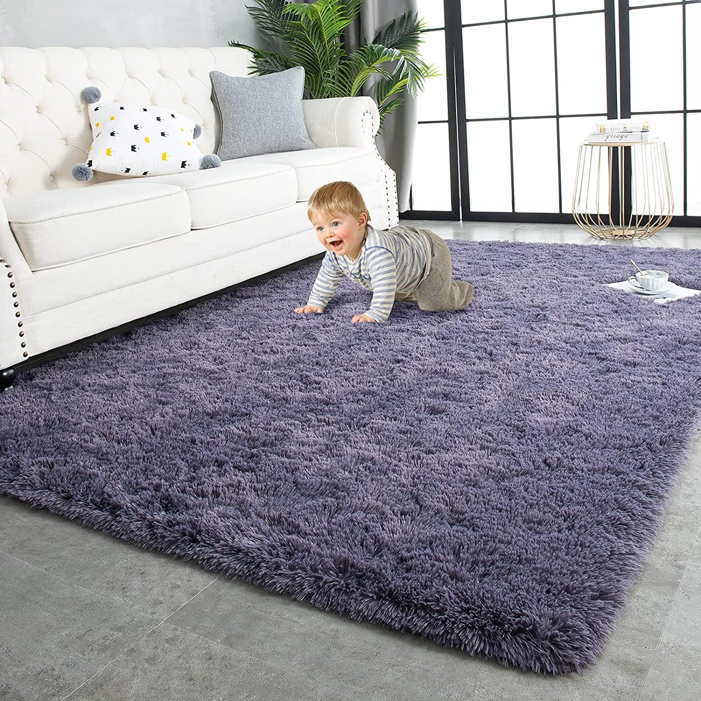 Super Soft Shaggy Rugs Fluffy Carpets 3X5 Feet, Indoor Modern Plush Area Rugs for Living Room Bedroom Kids Room Nursery Home Decor, Upgrade Anti-Skid Durable Rectangular Fuzzy Rug, Grey Purple