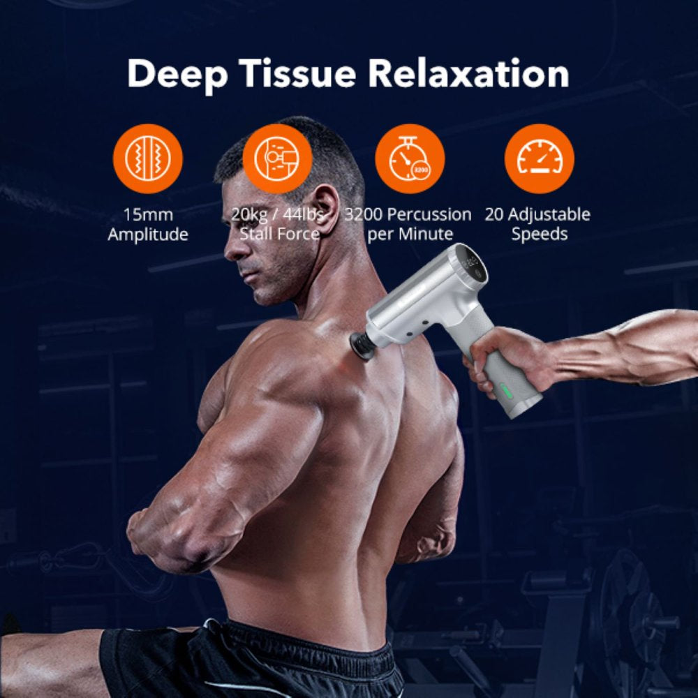 Massage Gun, Deep Tissue Percussion Muscle Massager Handheld Cordless Back Massager with 20 Speeds and 6 Heads(Sliver)