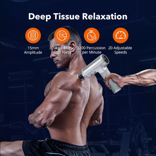 Massage Gun, Deep Tissue Percussion Muscle Massager Handheld Cordless Back Massager with 20 Speeds and 6 Heads(Sliver)
