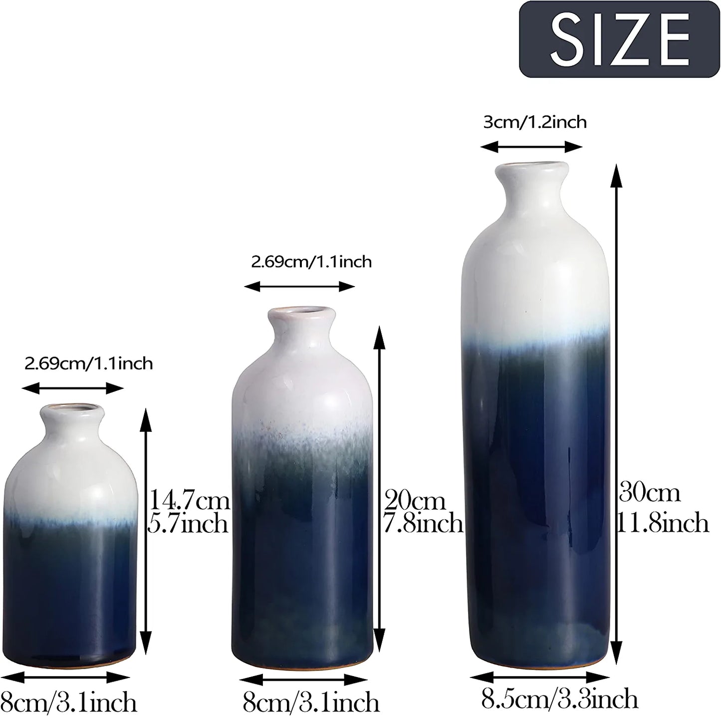 Modern Ceramic Vase for Home Decor, Set of 3 Glazed Blue and White Decorative Vases for Pampas Grass, Stoneware Vases for Mantel,Table, Shelf, Living Room Decoration, 11.8 Inch