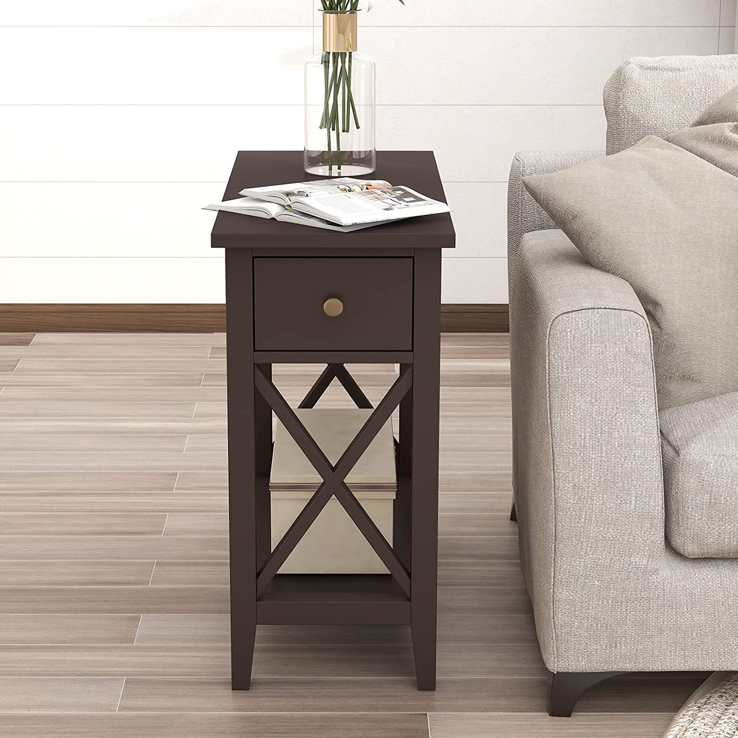 Flip Top End Table, Narrow Side Table Slim End Table with Drawer and Storage Shelf for Small Space, Living Room, Bedroom, Espresso
