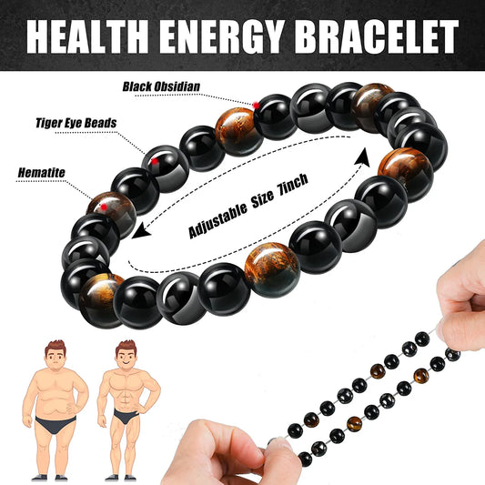 5 Pieces Adjustable Stretch Beads Bracelet Black Elastic Bracelets Therapy Lava Rock Bracelets Tiger'S Eye Stone Magnetic Hematite Jewelry Triple Protection Positive Energy Bracelet for Men Women