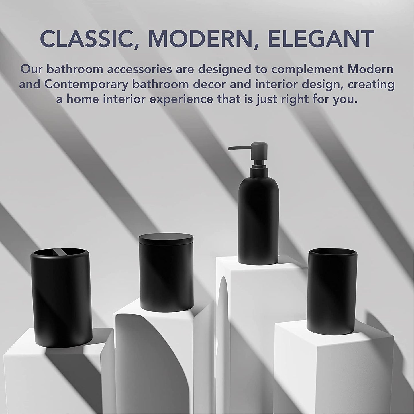 Bathroom Accessories Matte Black Set of 4, Bathroom Organization, Bathroom Accessory Set - Soap Dispenser, Bathroom Jars, Toothbrush Cup, Brush Holder, Made of Resin, Modern Home Decor