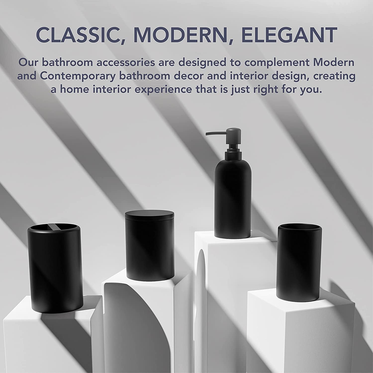 Bathroom Accessories Matte Black Set of 4, Bathroom Organization, Bathroom Accessory Set - Soap Dispenser, Bathroom Jars, Toothbrush Cup, Brush Holder, Made of Resin, Modern Home Decor