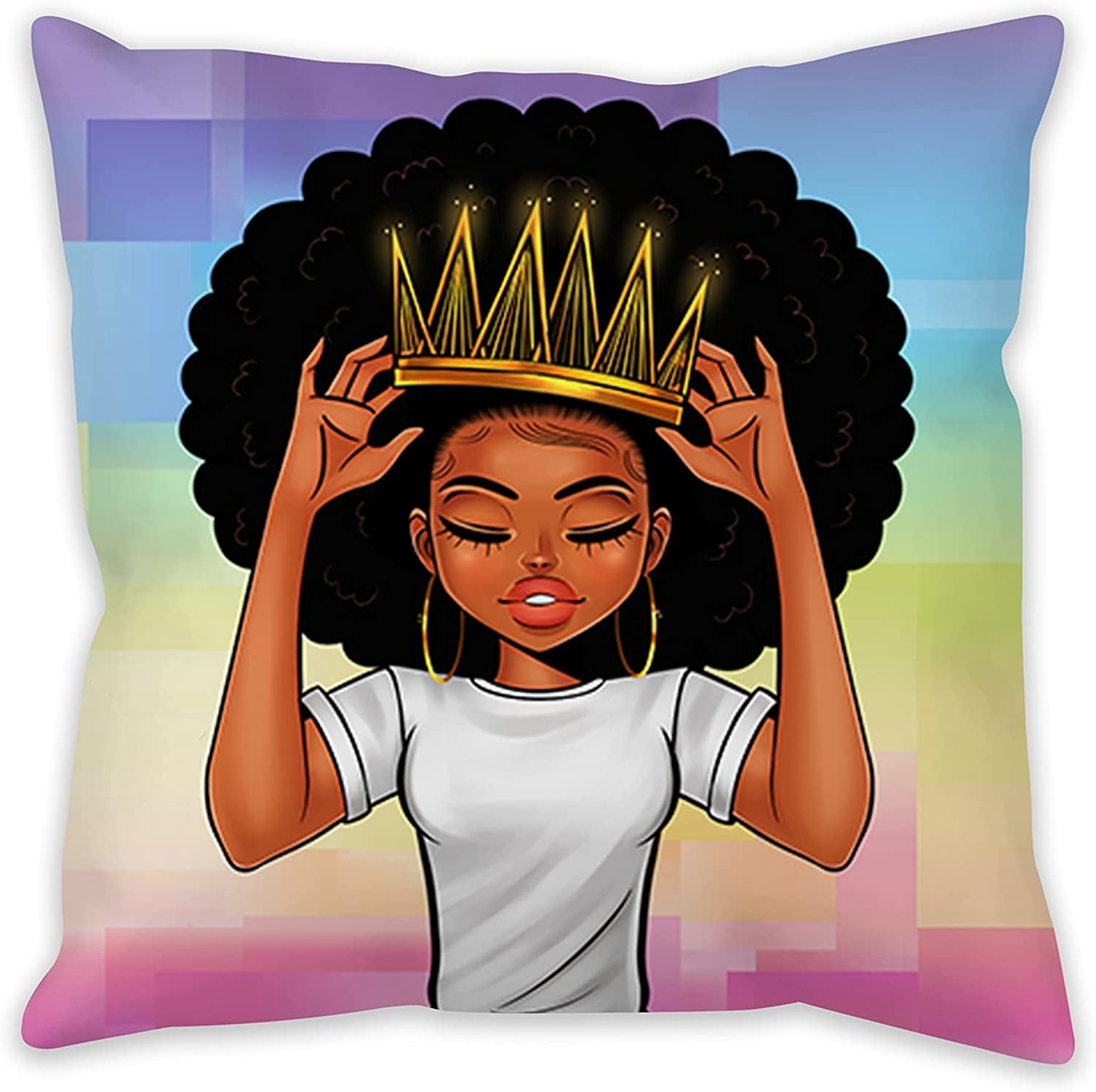 Plush Pillow Cases Black Girl Magic Throw Pillow Covers for Girls,African American Women Girl with Crown Pillowcase,Afro Girls Black Queen Princess Cushion Cover Cases,Pink Colorful ,18 X 18 Inch