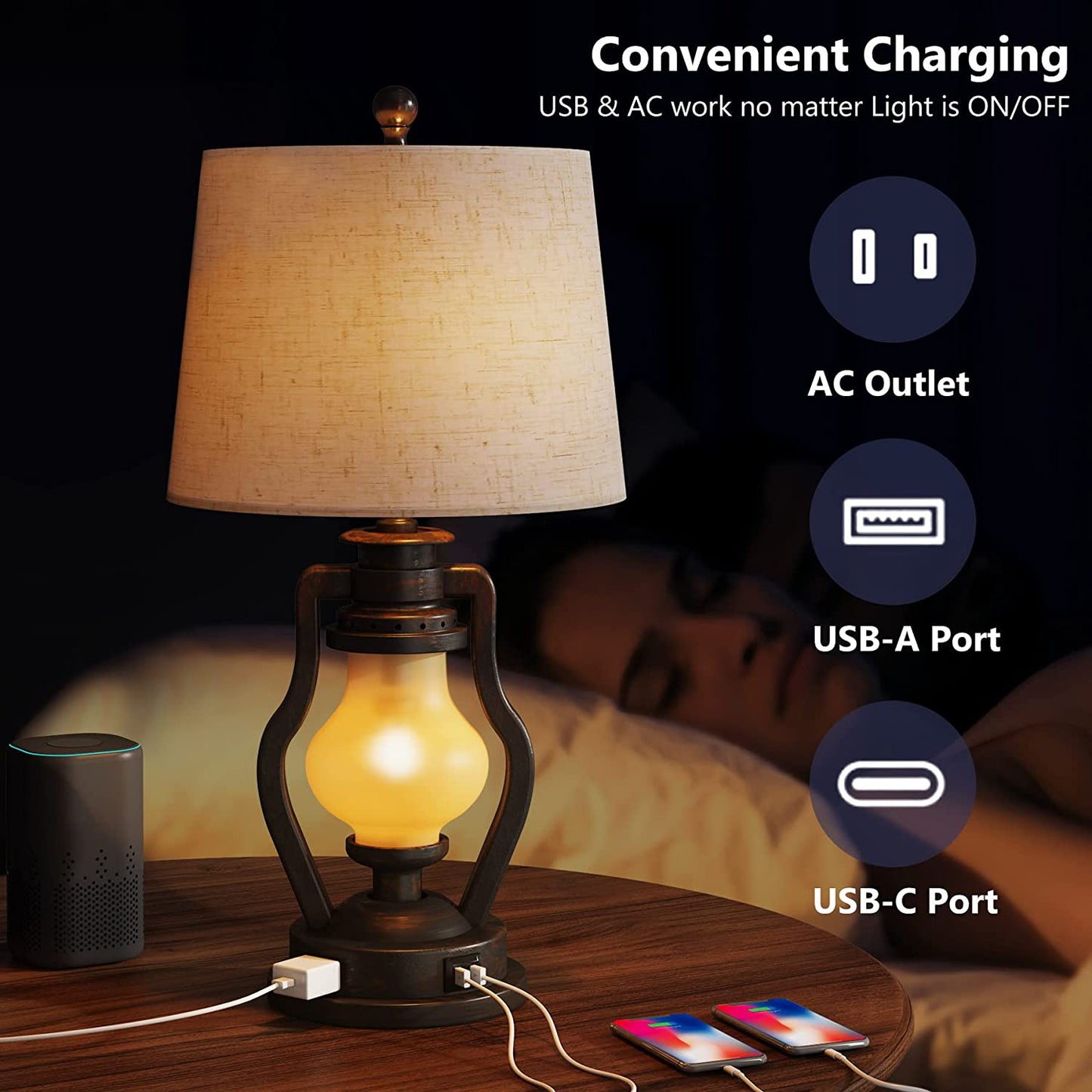 Farmhouse Table Lamps Set of 2 with Nightlight, Lantern Bedside Lamp with 2 USB Port and Outlet, 24 Inch Rustic Nightstand Lamp with Tapered Drum Shade for Living Room Bedroom, Bulbs Included