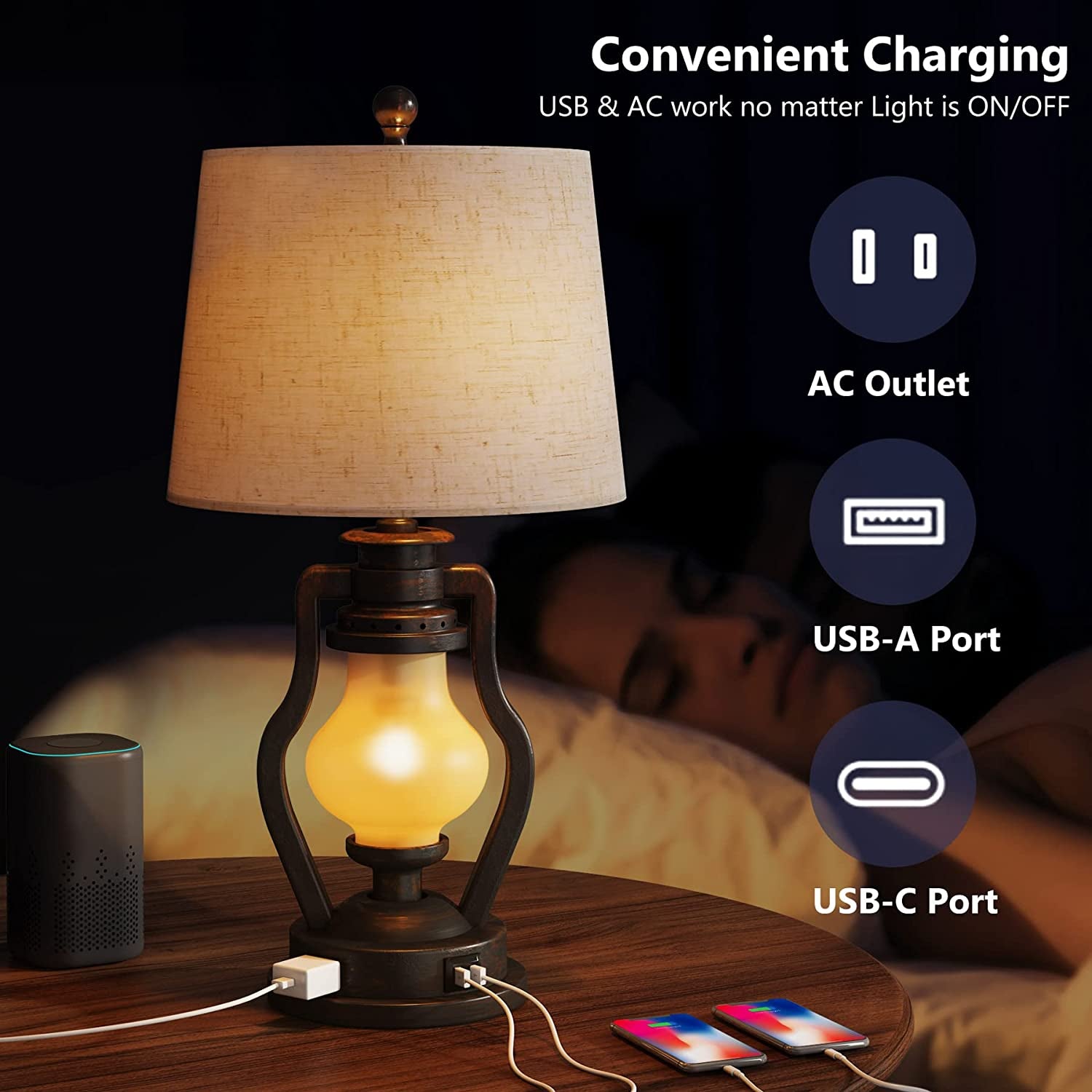Farmhouse Table Lamps Set of 2 with Nightlight, Lantern Bedside Lamp with 2 USB Port and Outlet, 24 Inch Rustic Nightstand Lamp with Tapered Drum Shade for Living Room Bedroom, Bulbs Included