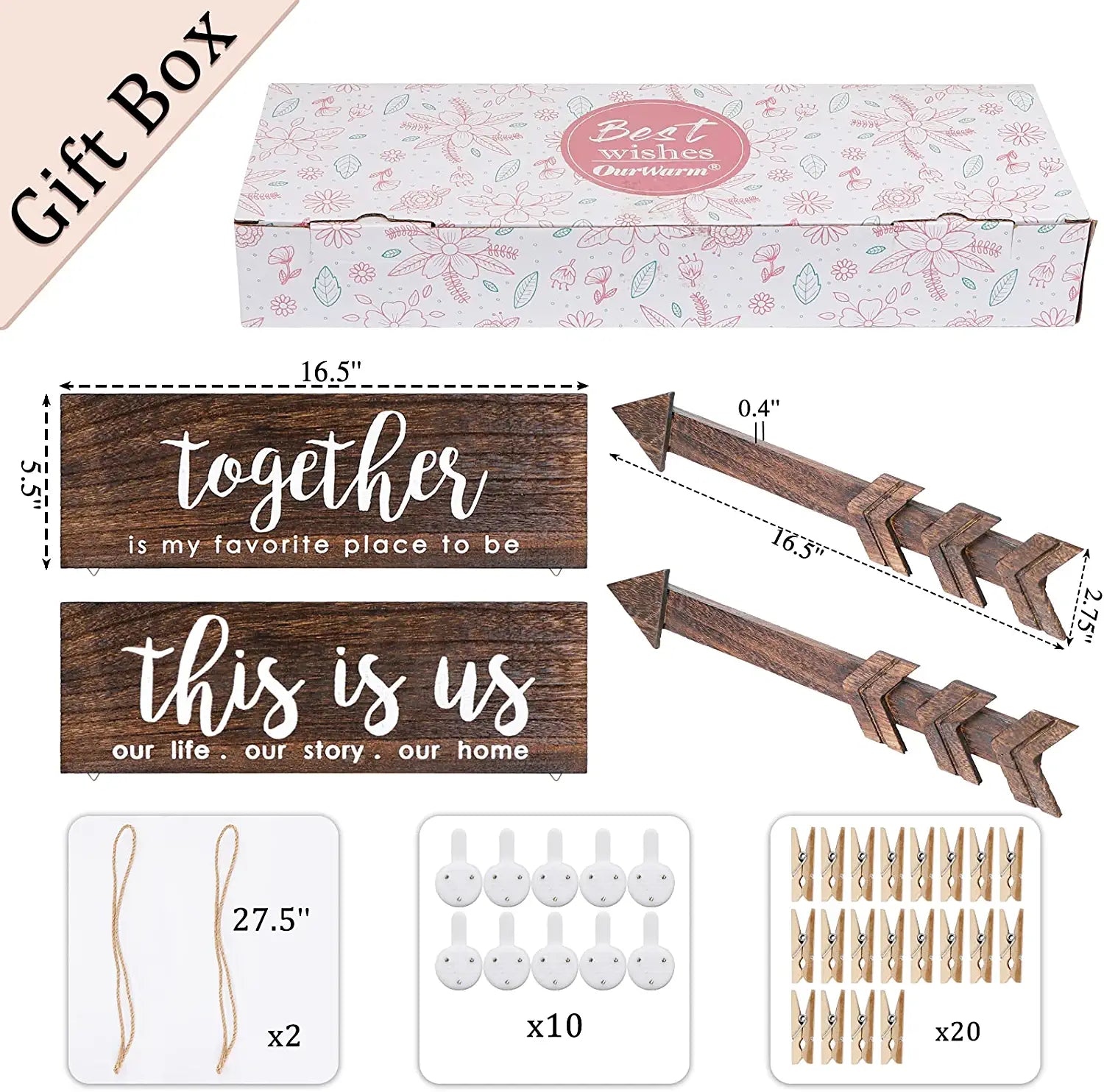 4Pcs Farmhouse Rustic Wall Decor Signs, This Is Us Wooden Wall Art Sign, Together Hanging Wooden Sign and 2Pcs Wood Arrow Signs for Housewarming Gift Home Decor Living Room Bedroom Wall Decor