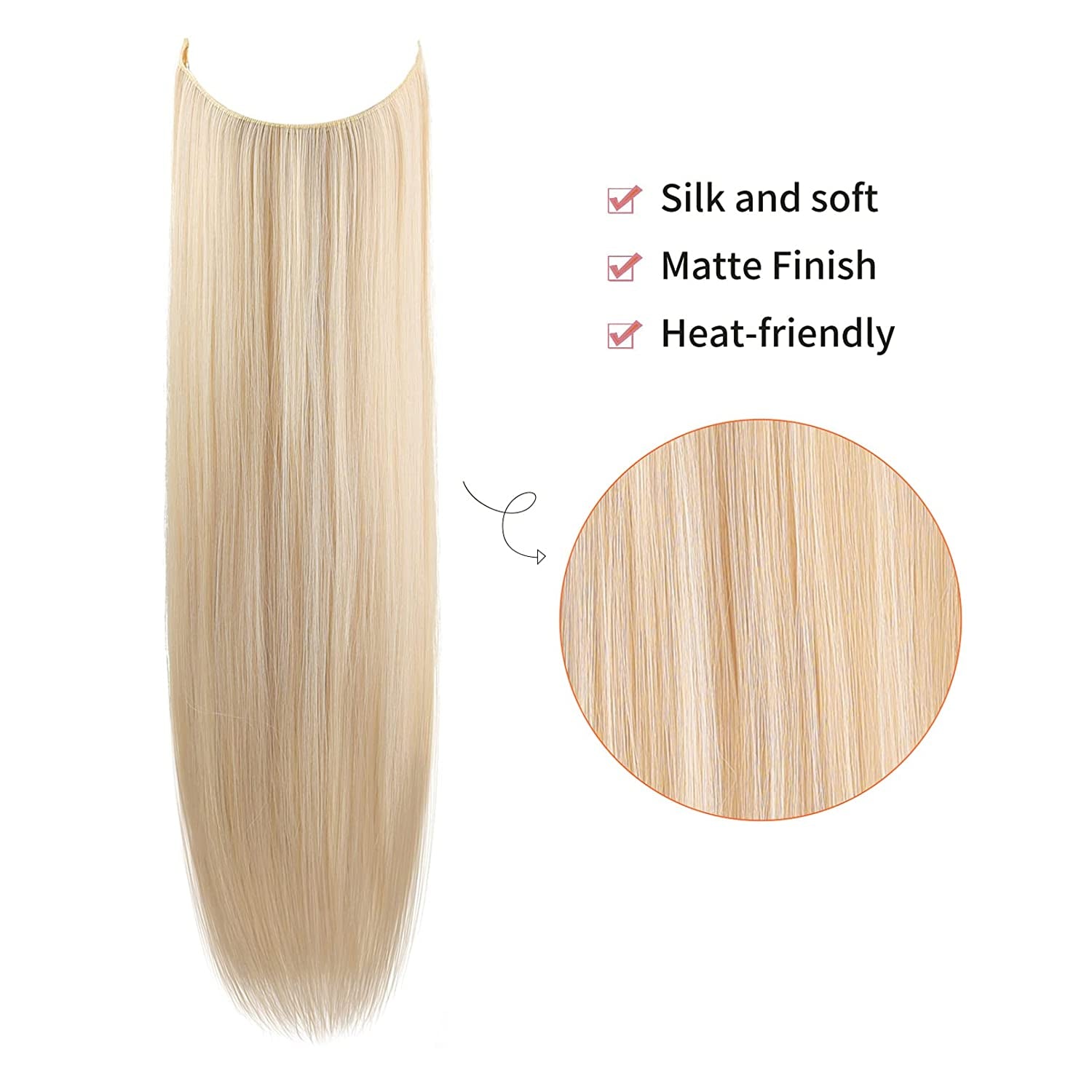 Invisible Wire Hair Extensions with Transparent Headband Adjustable Size Removable Secure Clips in Straight Secret Hairpiece for Women (24 Inch, Light Blonde)