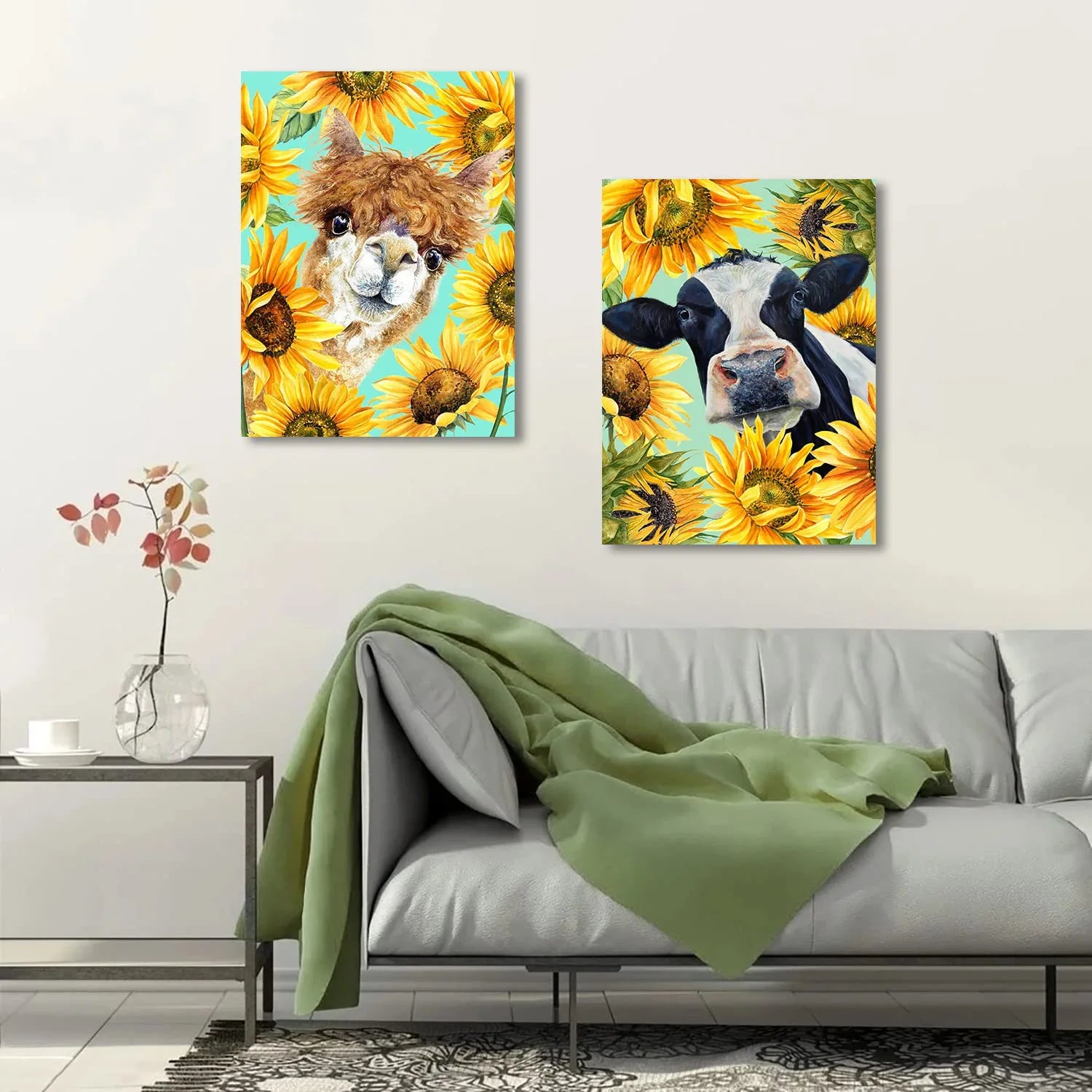 Alpaca Portrait Wall Art Funny Country Animal Canvas Printing Llama Picture Rural Animal Sunflowers Wall Painting Adorable Artwork for Living Room Kids Room Bedroom Nursery Decor Poster 12X16Inch