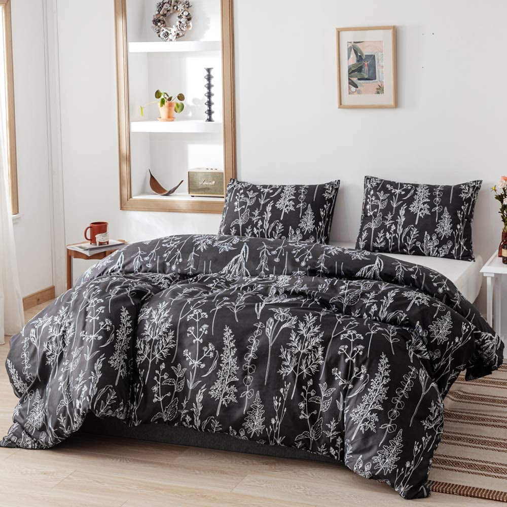 3 Pieces Queen Duvet Cover, Black Duvet Cover with White Plant Floral Duvet Cover Microfiber Soft Queen Bedding Set with Zipper Closure & 2 Pillow Cases