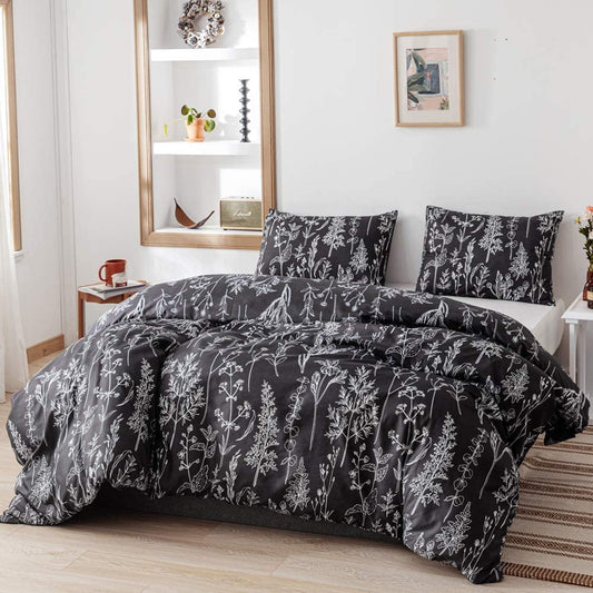 3 Pieces Queen Duvet Cover, Black Duvet Cover with White Plant Floral Duvet Cover Microfiber Soft Queen Bedding Set with Zipper Closure & 2 Pillow Cases