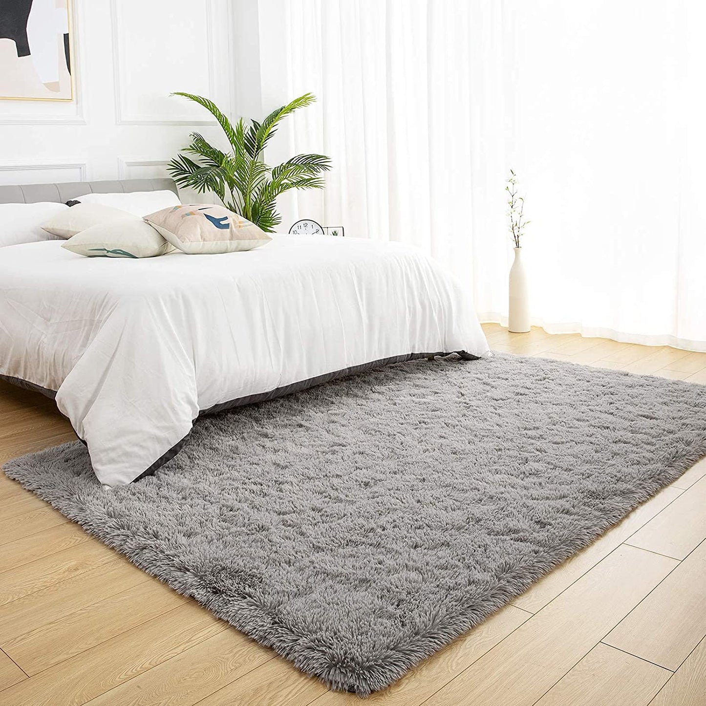 Soft Shaggy Area Rugs for Bedroom Fluffy Living Room Rugs Nursery Girls Carpets Kids Home Decor Rugs 4 X 5.3 Feet Grey
