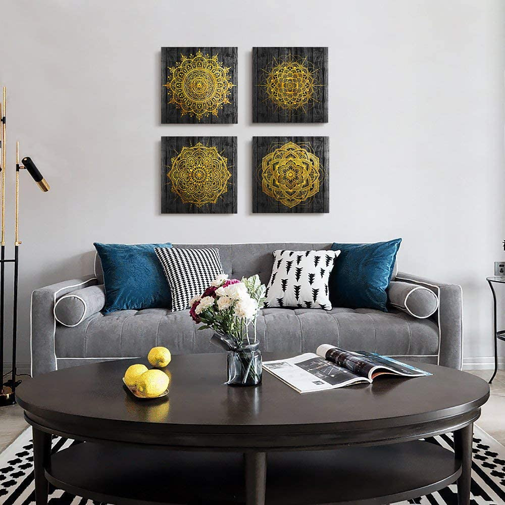 4 Piece Framed Canvas Wall Art for Living Room Family Bathroom Wall Decor Modern Kitchen Office Bedroom Decoration Black Pictures Golden Abstract Painting Inspiration Wall Artworks for Home Walls Art