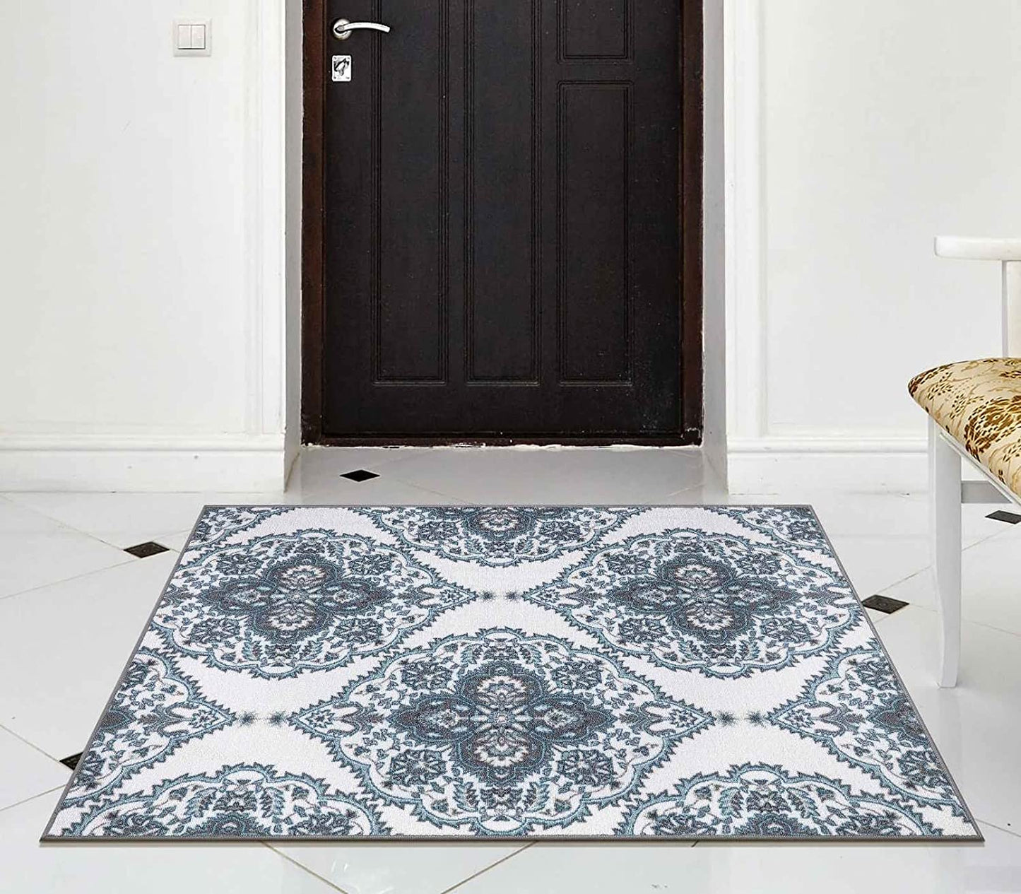 Ottohome Collection Boho Design Non-Slip Rubberback 3X5 Area Rug, 3'3" X 5', Blue/Ivory