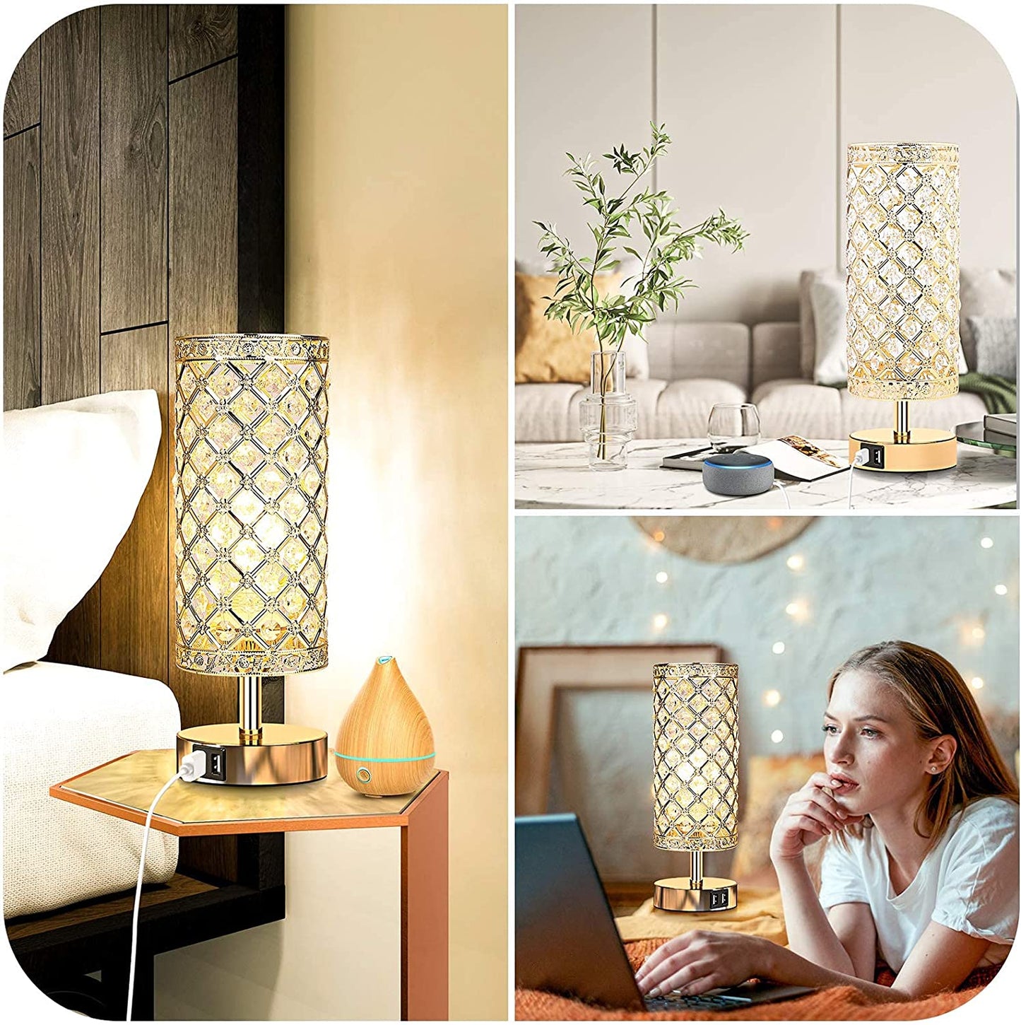 Set of 2 Touch Control Crystal Table Lamps with 2 USB Ports, 3-Way Dimmable Bedside Nightstand Gold Lamps with Decorative Crystal, Small Table Lamps for Bedrooms Living Room, Led Bulbs Included