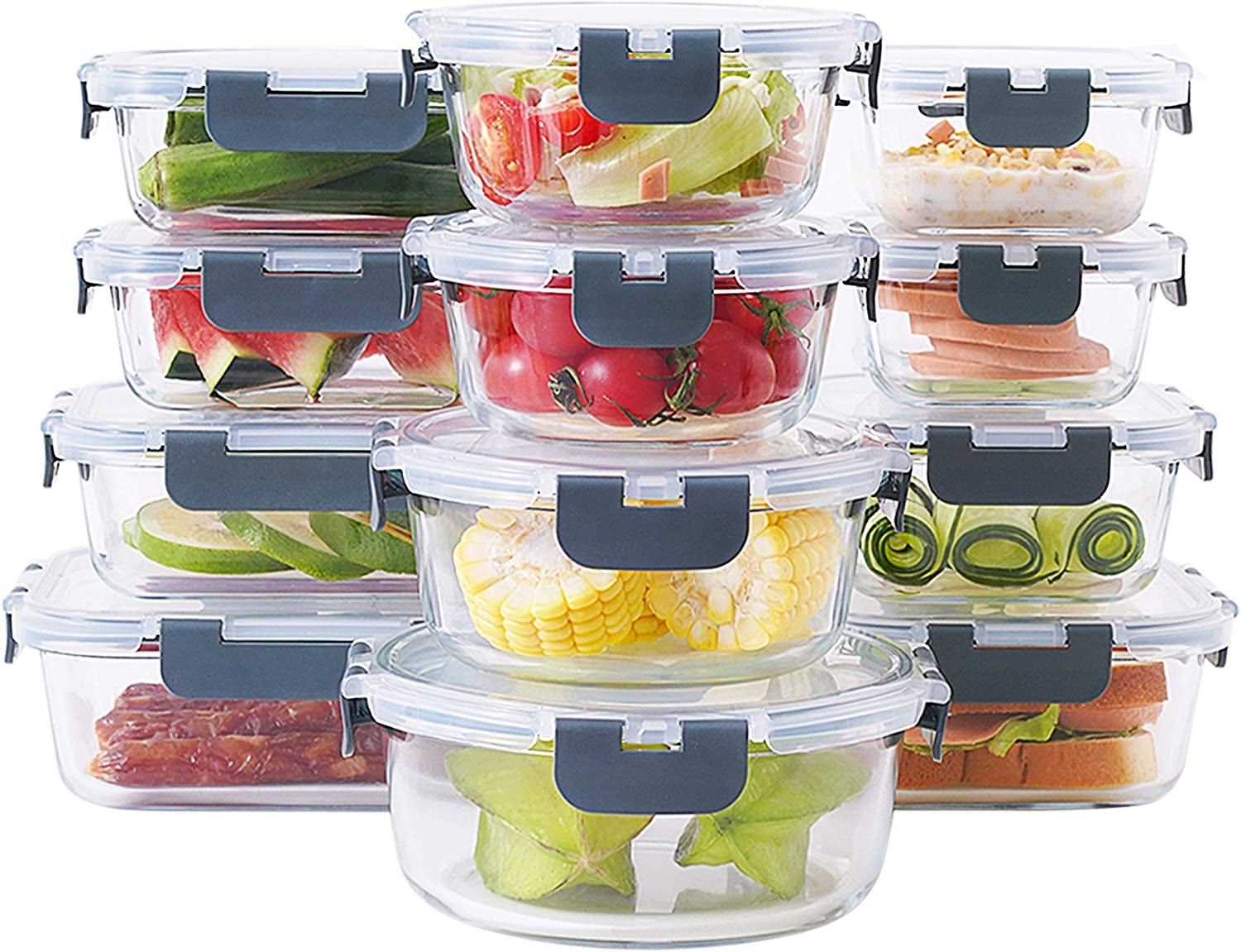 24-Piece Glass Food Storage Containers Set with Lids - Airtight Leak Proof Glass Meal Prep Containers, BPA Free Bento Lunch Boxes, Freezer/Oven/Dishwasher Safe(12 Lids & 12 Containers)