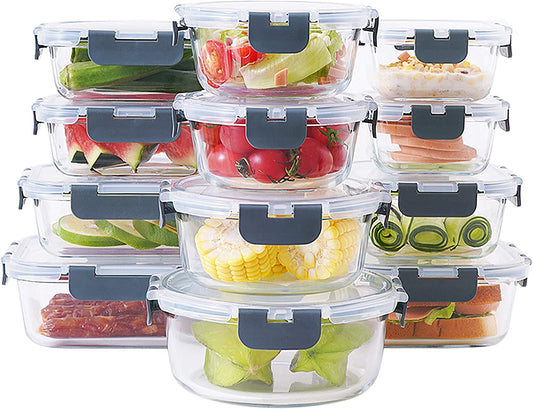 24-Piece Glass Food Storage Containers Set with Lids - Airtight Leak Proof Glass Meal Prep Containers, BPA Free Bento Lunch Boxes, Freezer/Oven/Dishwasher Safe(12 Lids & 12 Containers)