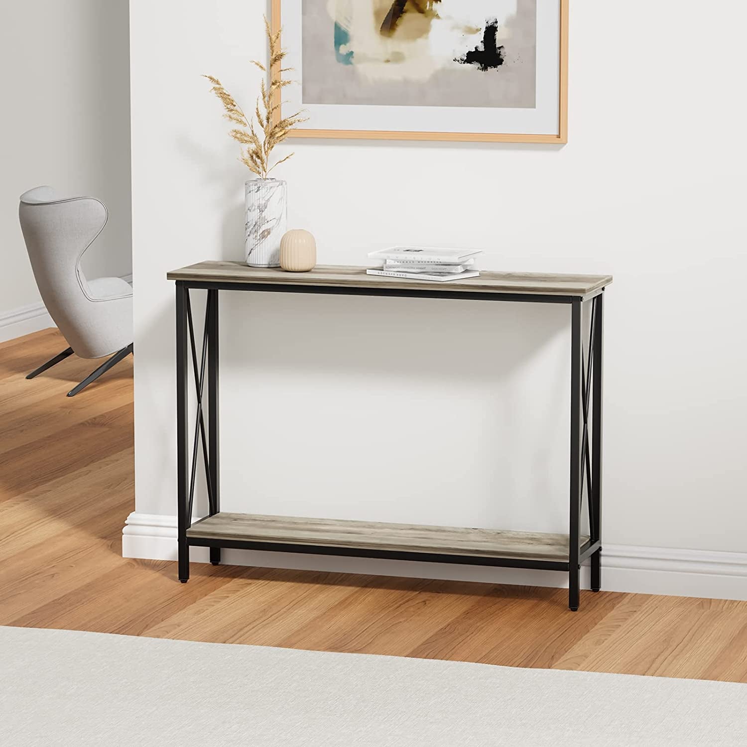 Console Table, Narrow Sofa Table with Shelves, 2 Tier Industrial Entryway Table W/Metal Frame for Hallway/Foyer/Corridor/Front Hall, 40 X 11.81 X 31.5 Inches -Greige and Black