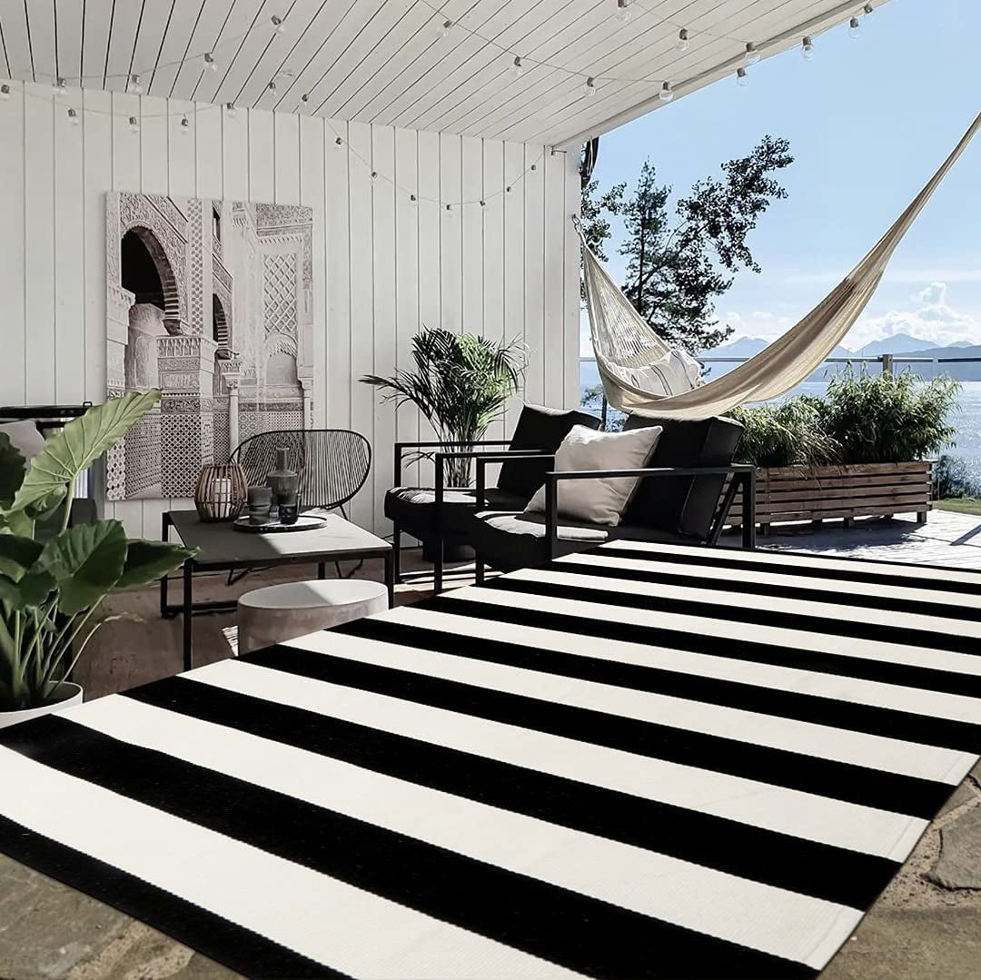 Black and White Indoor Outdoor Rug, 5’X8’ Cotton Striped Patios Area Rug Soft Woven Washable Farmhouse Durable Carpet Mat for Clearance Bedroom Living Room Balcony Playroom Decor
